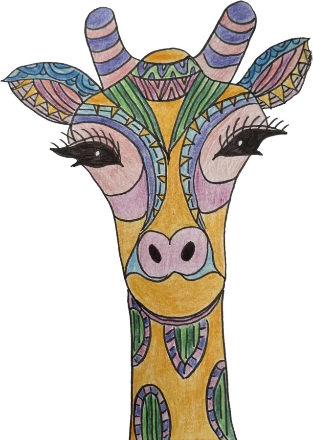 A hand-drawn mandala giraffe in orange, purple and green