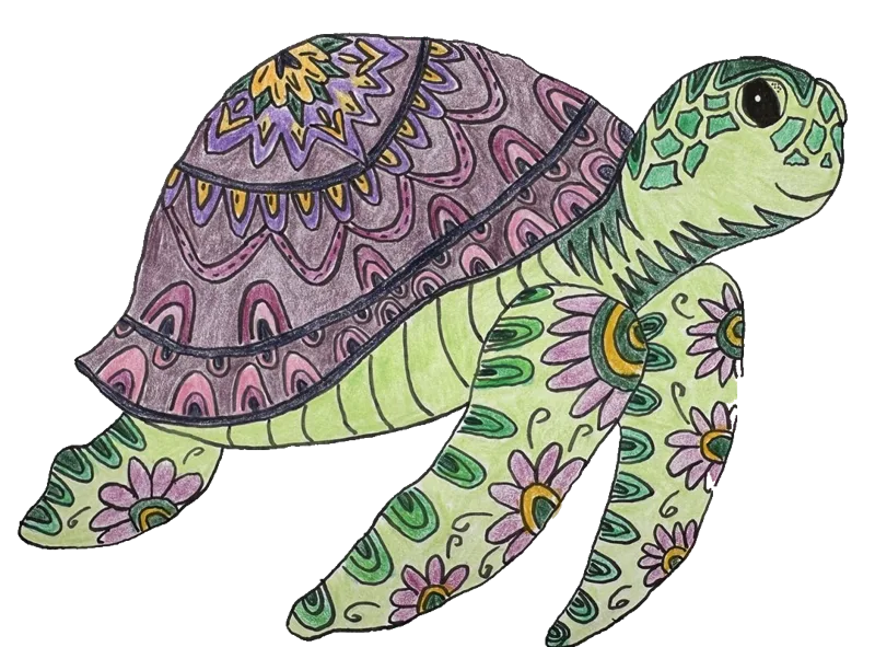 A hand-drawn mandala sea turtle in purple and green