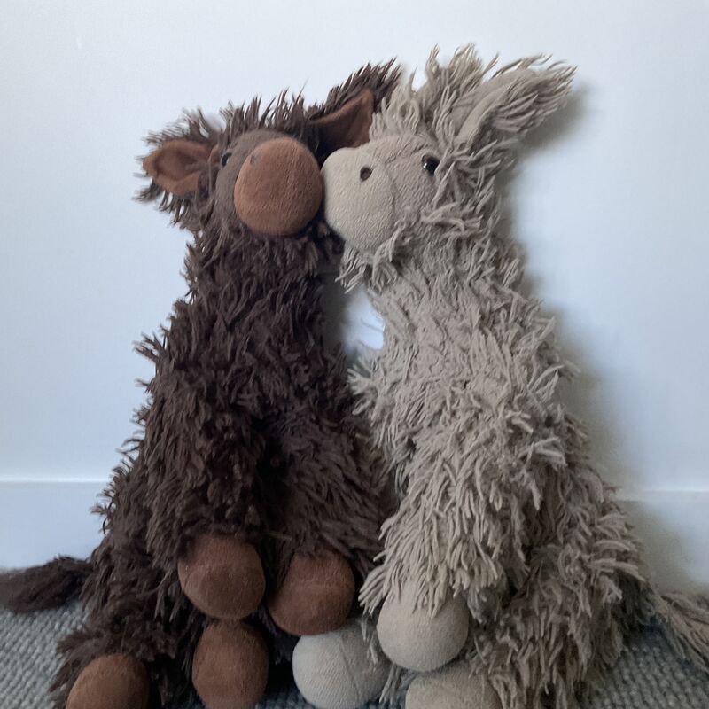 Two shaggy toy donkeys, one dark brown and one pale grey, snuggled cheek to cheek against a white wall