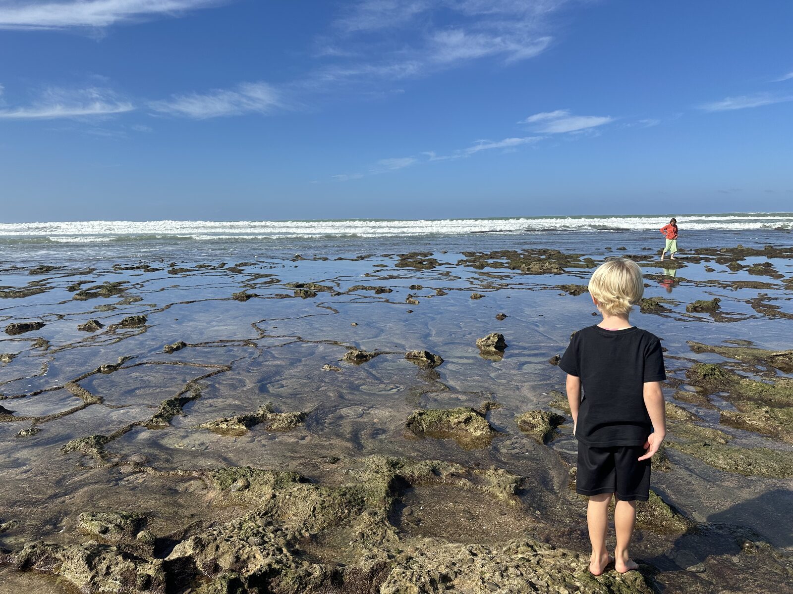 The back of a six year old boy, standing in the rock pools, looking out to sea under a blue sky